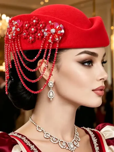 Vintage Heavy Duty Pearl Rhinestone Tassel Beret