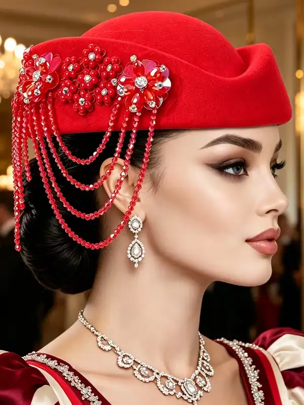 Vintage Heavy Duty Pearl Rhinestone Tassel Beret