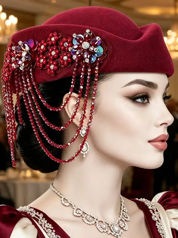Vintage Heavy Duty Pearl Rhinestone Tassel Beret - Image 2