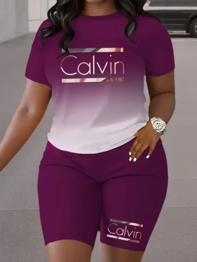 Calvin Letter Element Gradient Color Spring Summer Casual Two-Piece Set